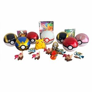 Pokémon Bundle-6 Tins Balls, 1 Premier Ball, Pikachu, 9 Characters, Cards & MORE